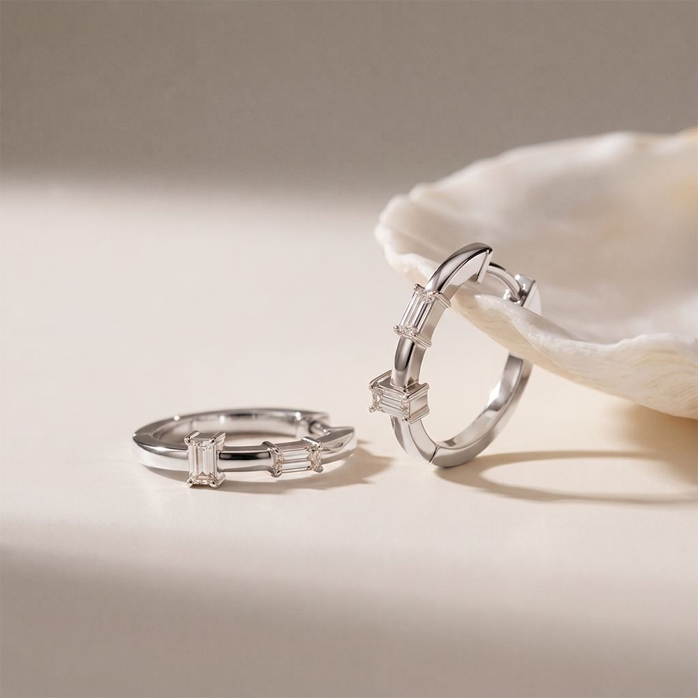 0.05 Ct Baguette Cut Lab Grown Diamond Dainty Hoop Earrings White