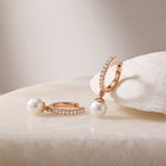 0.17 Ct Round Cut Lab Grown Diamond Pavé Pearl Drop Hoop Earrings Rose Gold