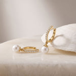 0.17 Ct Round Cut Lab Grown Diamond Pavé Pearl Drop Hoop Earrings Gold