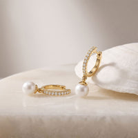 0.17 Ct Round Cut Lab Grown Diamond Pavé Pearl Drop Hoop Earrings Gold