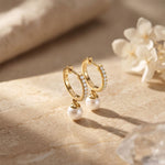 0.17 Ct Round Cut Lab Grown Diamond Pavé Pearl Drop Hoop Earrings Gold