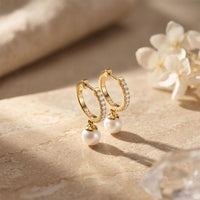 0.17 Ct Round Cut Lab Grown Diamond Pavé Pearl Drop Hoop Earrings Gold