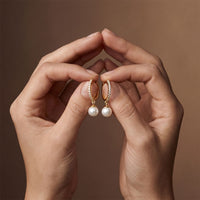 0.17 Ct Round Cut Lab Grown Diamond Pavé Pearl Drop Hoop Earrings Gold