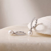 0.17 Ct Round Cut Lab Grown Diamond Pavé Pearl Drop Hoop Earrings White