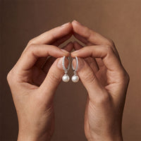 0.17 Ct Round Cut Lab Grown Diamond Pavé Pearl Drop Hoop Earrings White