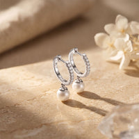 0.17 Ct Round Cut Lab Grown Diamond Pavé Pearl Drop Hoop Earrings White