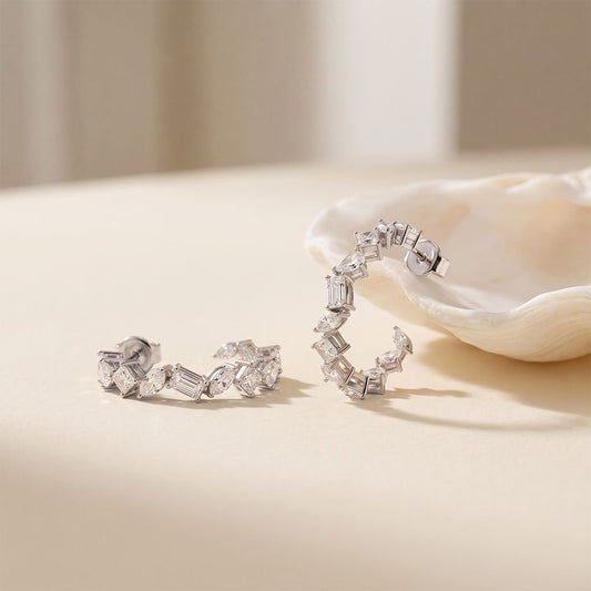 1.06 Ct Multi-Stone Lab Grown Diamond Half Hoop Earrings for Women White
