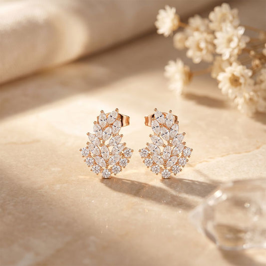 0.80 Ct Round & Marquise Cut Lab Grown Diamond Botanical Vine Drop Earrings Rose Gold
