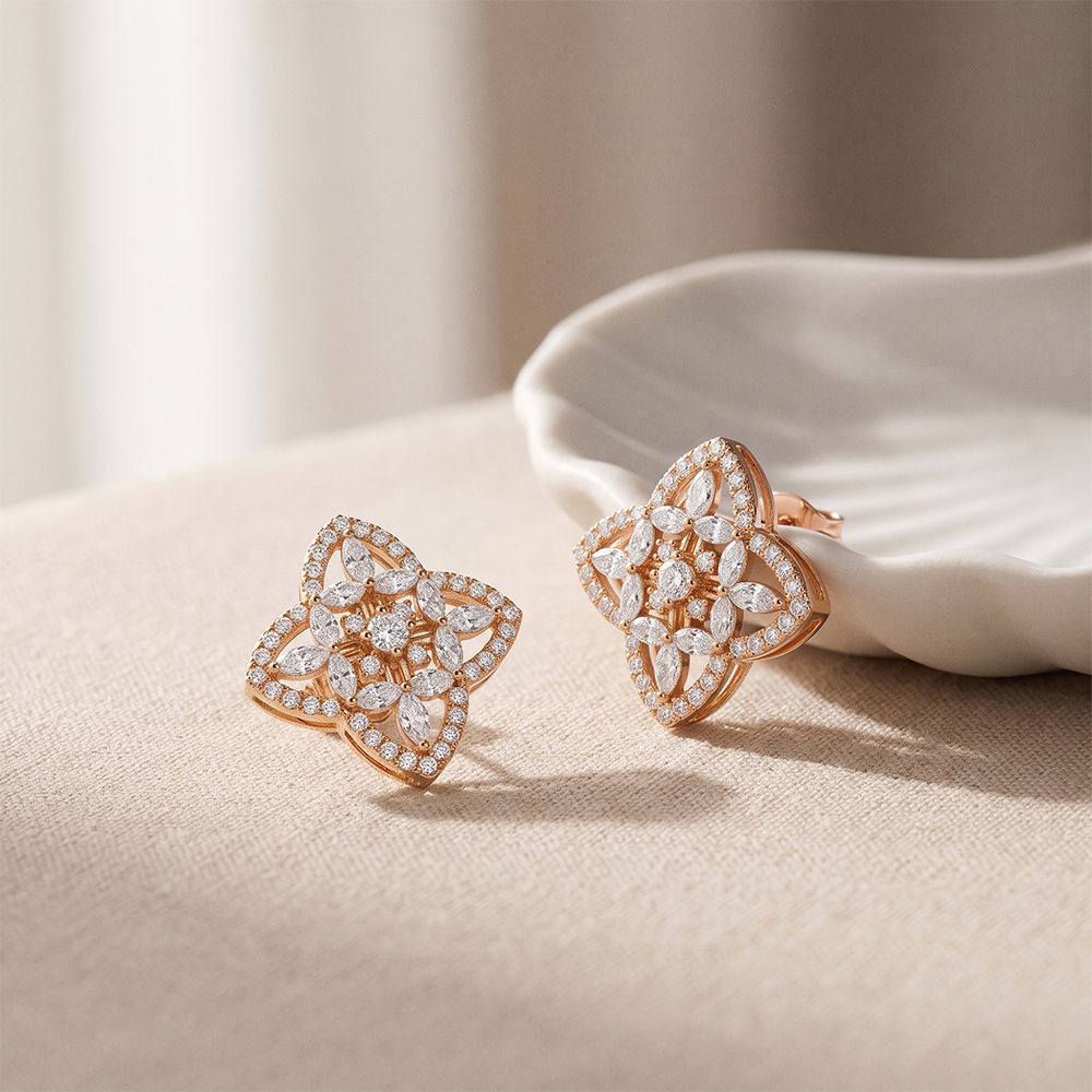 1.05 Ct Marquise Cut Lab Grown Diamond Geometric Floral Stud Earrings for Women Rose Gold