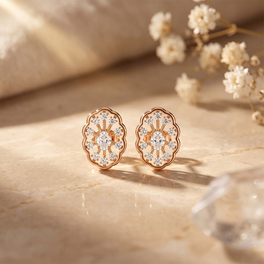 0.50 Ct Oval Cut Lab Grown Diamond Floral Medallion Stud Earrings for Women Rose Gold