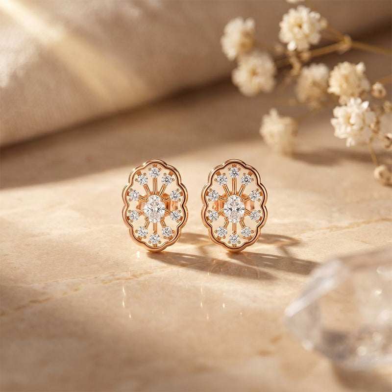 0.50 Ct Oval Cut Lab Grown Diamond Floral Medallion Stud Earrings for Women Rose Gold