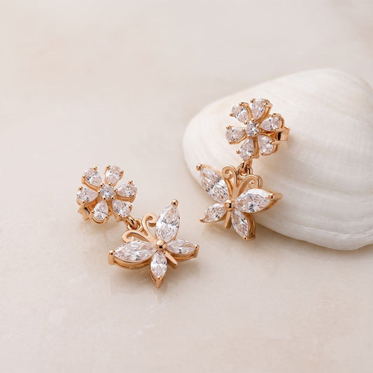 2.00 Ct Marquise Cut Lab Grown Diamond Floral Butterfly Drop Earrings Rose Gold