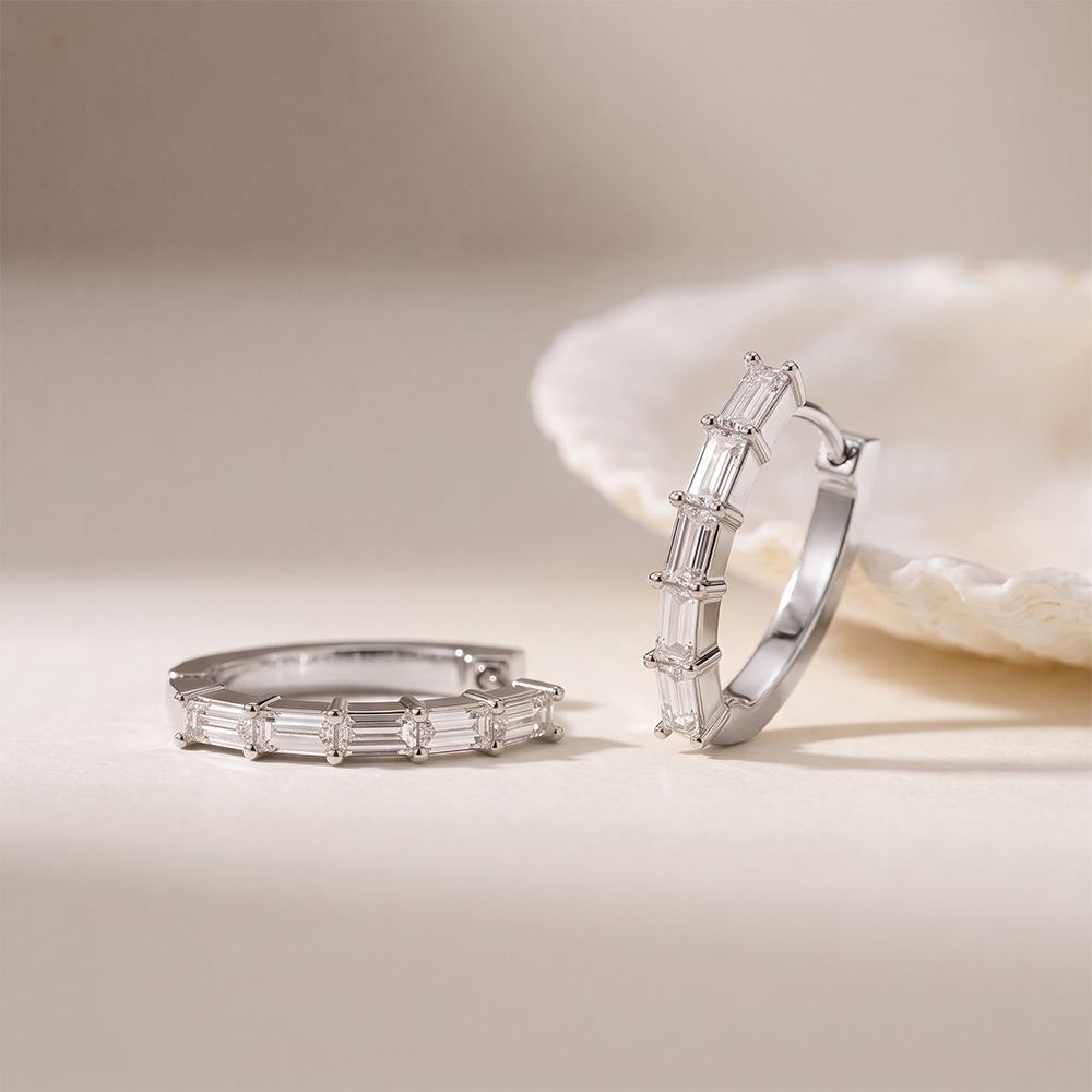 0.45 Ct Baguette Cut Lab Grown Diamond Linear Hoop Earrings White