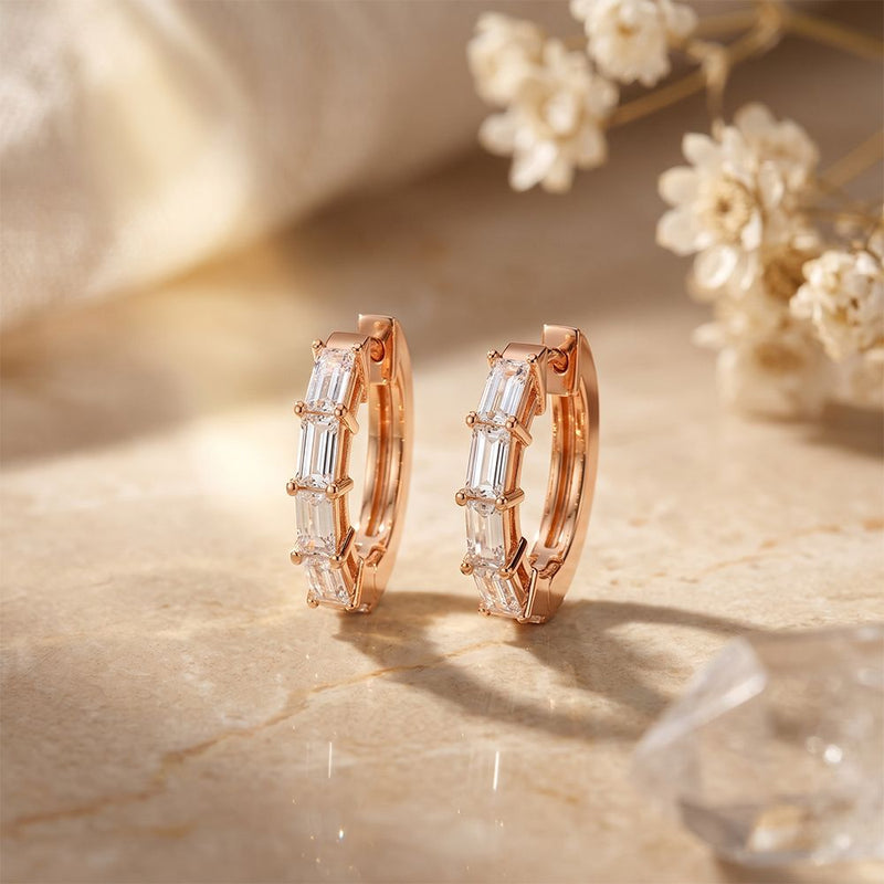 0.35 Ct Baguette Cut Lab Grown Diamond Geometric Huggie Hoop Earrings Rose Gold