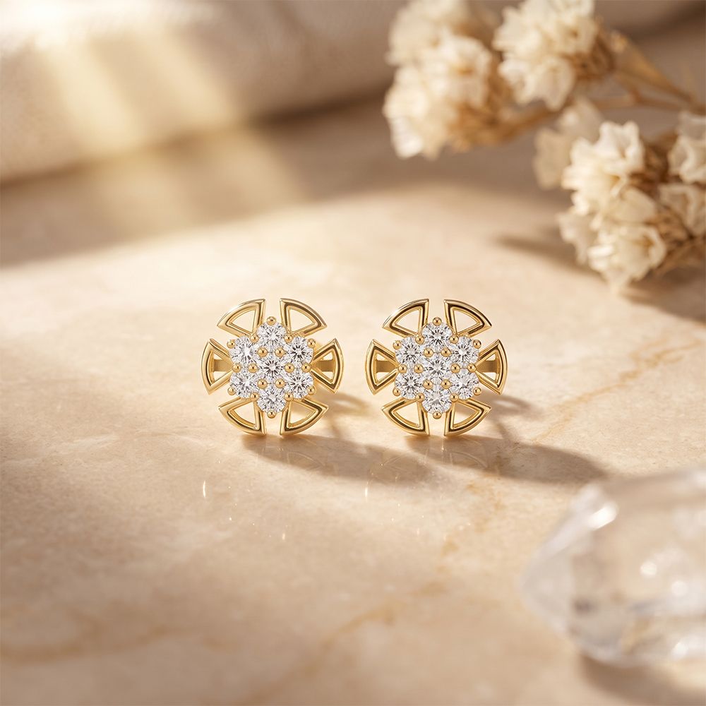 0.45 Ct Round Cut Lab Grown Diamond Geometric Floral Stud Earrings for Women Gold