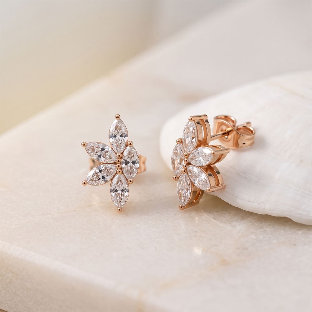 0.50 Ct Marquise Cut Lab Grown Diamond Six Petal Bloom Stud Earrings Rose Gold