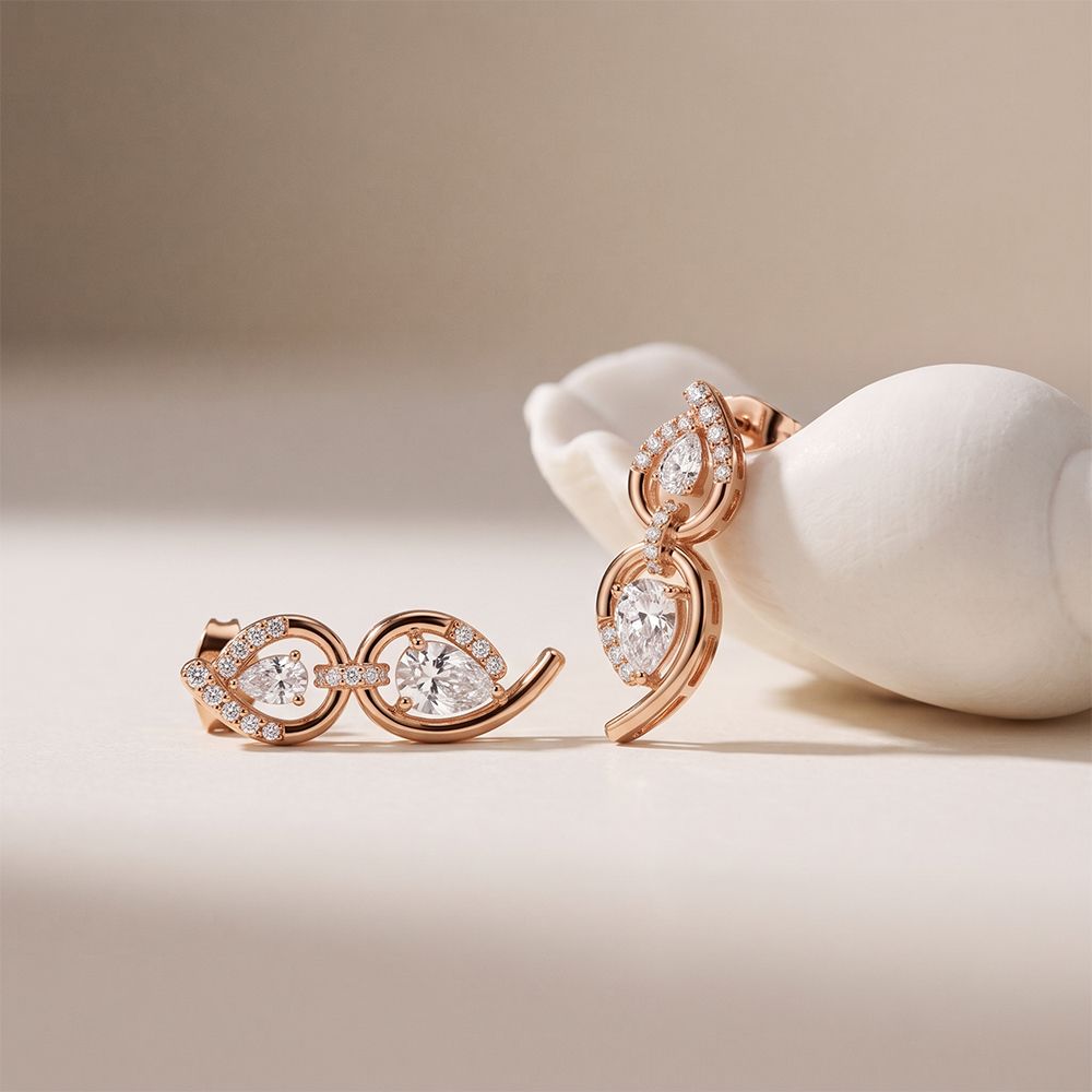 1.00 Ct Pear Cut Lab Grown Diamond Double Drop Teardrop Earrings Rose Gold