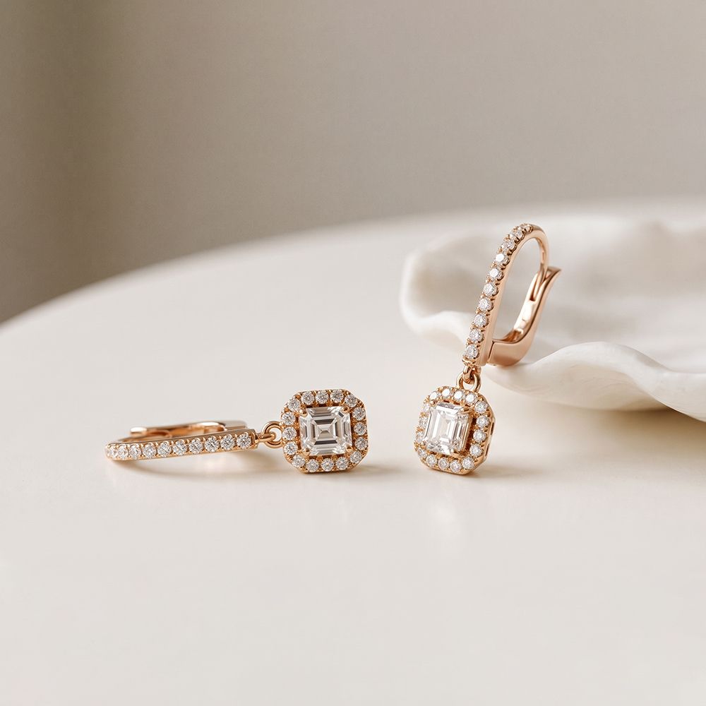 0.85 Ct Asscher Cut Lab Grown Diamond Pavé Halo Drop Earrings Rose Gold