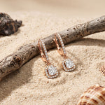 0.85 Ct Asscher Cut Lab Grown Diamond Pavé Halo Drop Earrings Rose Gold