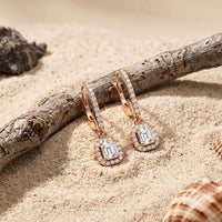 0.85 Ct Asscher Cut Lab Grown Diamond Pavé Halo Drop Earrings Rose Gold