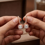 0.85 Ct Asscher Cut Lab Grown Diamond Pavé Halo Drop Earrings Rose Gold