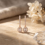 0.85 Ct Asscher Cut Lab Grown Diamond Pavé Halo Drop Earrings Rose Gold