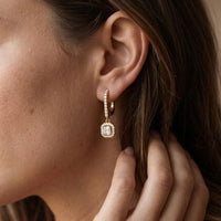 0.85 Ct Asscher Cut Lab Grown Diamond Pavé Halo Drop Earrings Gold