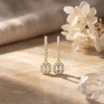 0.85 Ct Asscher Cut Lab Grown Diamond Pavé Halo Drop Earrings Gold
