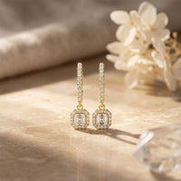 0.85 Ct Asscher Cut Lab Grown Diamond Pavé Halo Drop Earrings Gold
