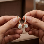 0.85 Ct Asscher Cut Lab Grown Diamond Pavé Halo Drop Earrings Gold