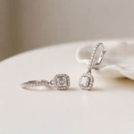 0.85 Ct Asscher Cut Lab Grown Diamond Pavé Halo Drop Earrings White