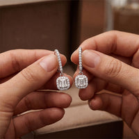 0.85 Ct Asscher Cut Lab Grown Diamond Pavé Halo Drop Earrings White