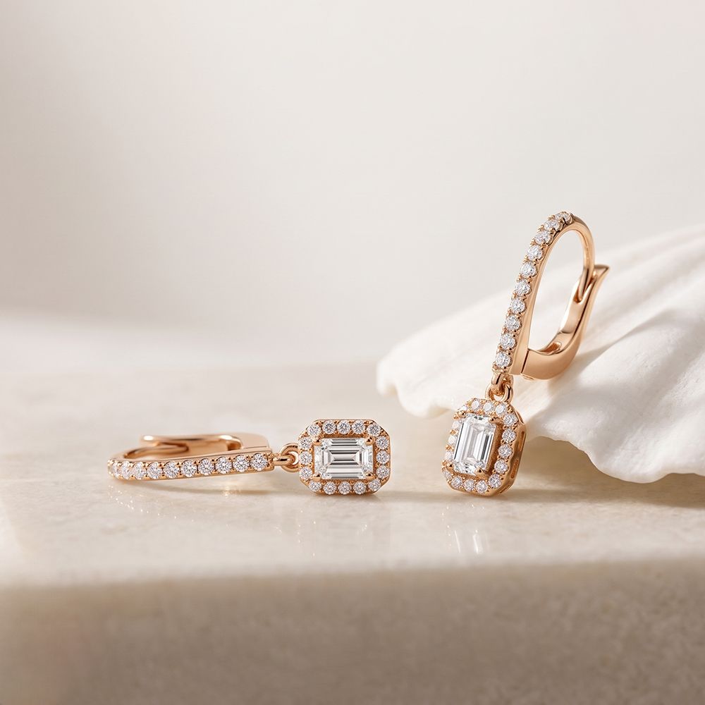 0.85 Ct Emerald Cut Lab Grown Diamond Architectural Drop Earrings Rose Gold