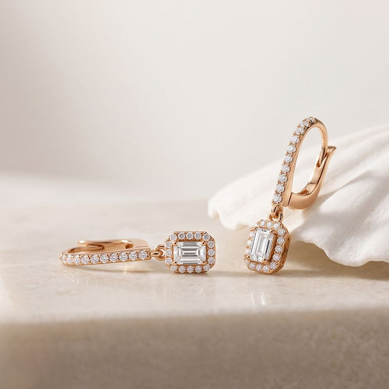 0.85 Ct Emerald Cut Lab Grown Diamond Architectural Drop Earrings Rose Gold