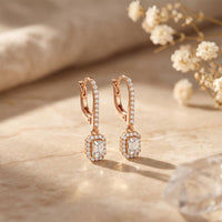 0.85 Ct Emerald Cut Lab Grown Diamond Architectural Drop Earrings Rose Gold