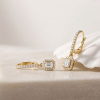 0.85 Ct Emerald Cut Lab Grown Diamond Architectural Drop Earrings Gold