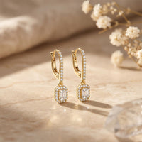 0.85 Ct Emerald Cut Lab Grown Diamond Architectural Drop Earrings Gold