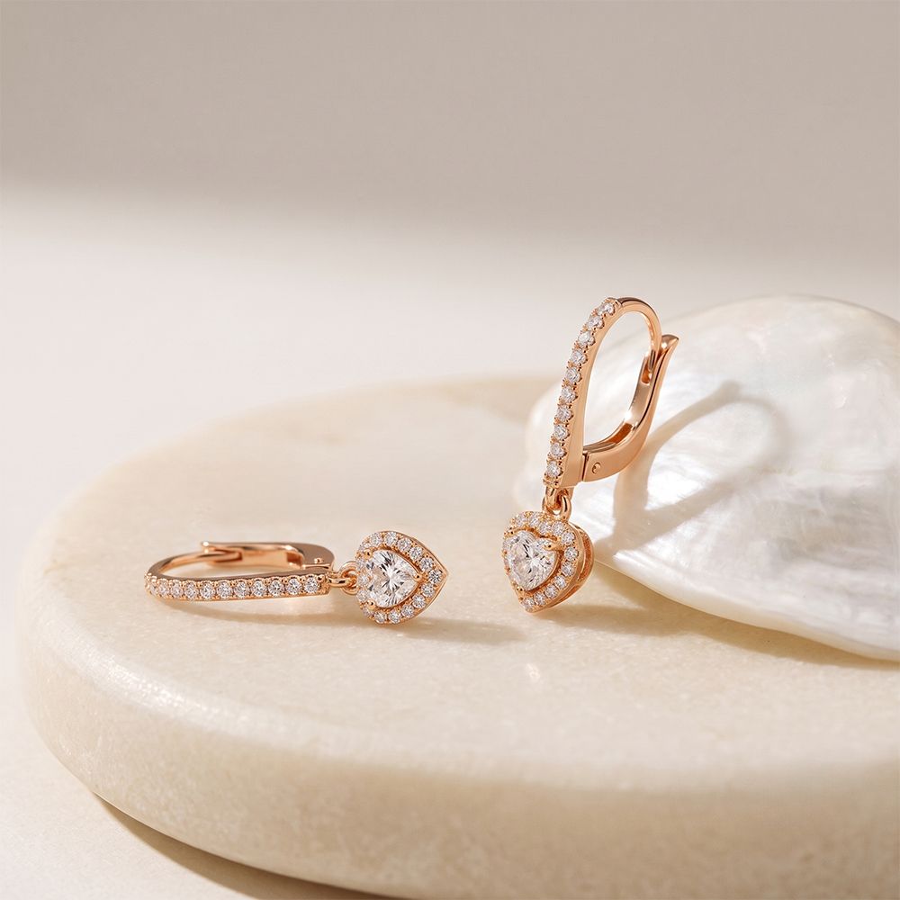 0.85 Ct Heart Cut Lab Grown Diamond Halo Frame Earrings Rose Gold