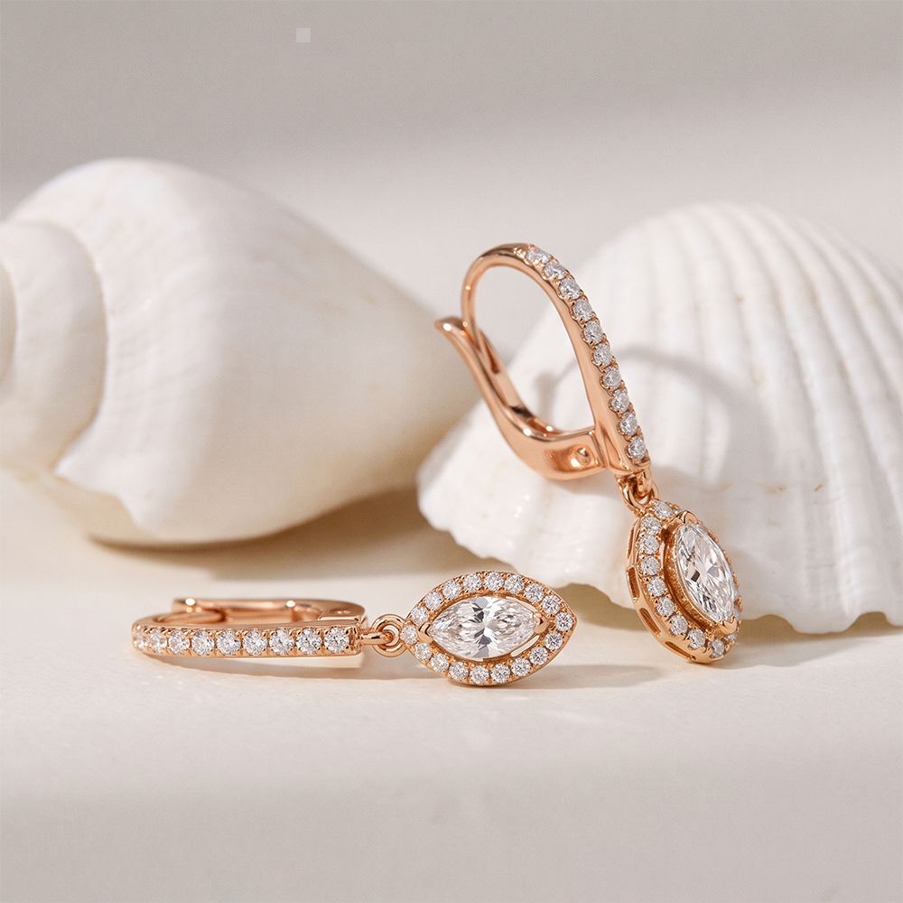 0.85 Ct Marquise Cut Lab Grown Diamond Pavé Frame Drop Earrings Rose Gold