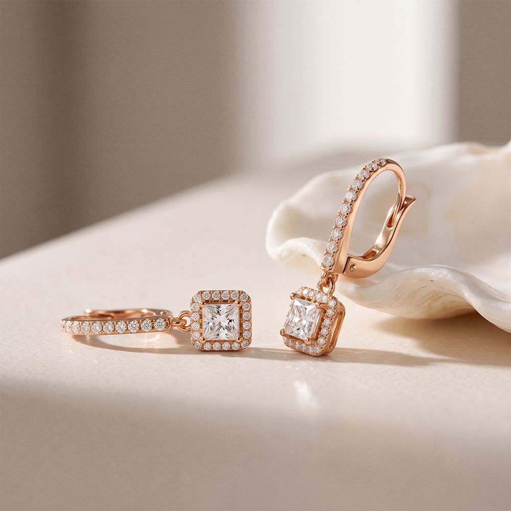 0.85 Ct Princess Cut Lab Grown Diamond Halo Frame Earrings Rose Gold
