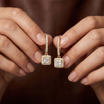 0.85 Ct Princess Cut Lab Grown Diamond Halo Frame Earrings Gold
