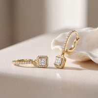 0.85 Ct Princess Cut Lab Grown Diamond Halo Frame Earrings Gold