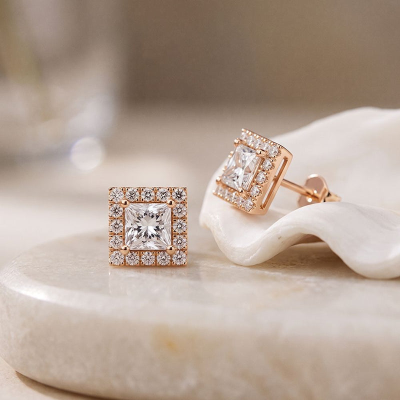 1.30 Ct Princess Cut Lab Grown Diamond Halo Stud Earrings for Women Rose Gold