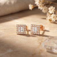 1.30 Ct Princess Cut Lab Grown Diamond Halo Stud Earrings for Women Rose Gold