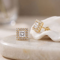 1.30 Ct Princess Cut Lab Grown Diamond Halo Stud Earrings for Women Gold