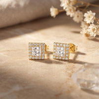 1.30 Ct Princess Cut Lab Grown Diamond Halo Stud Earrings for Women Gold