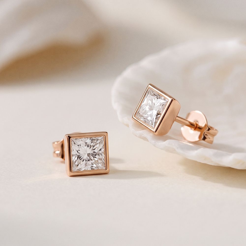 0.90 Ct Princess Cut Lab Grown Diamond Bezel Set Stud Earrings for Women Rose Gold