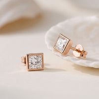 0.90 Ct Princess Cut Lab Grown Diamond Bezel Set Stud Earrings for Women Rose Gold