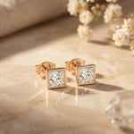 0.90 Ct Princess Cut Lab Grown Diamond Bezel Set Stud Earrings for Women Rose Gold