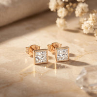 0.90 Ct Princess Cut Lab Grown Diamond Bezel Set Stud Earrings for Women Rose Gold